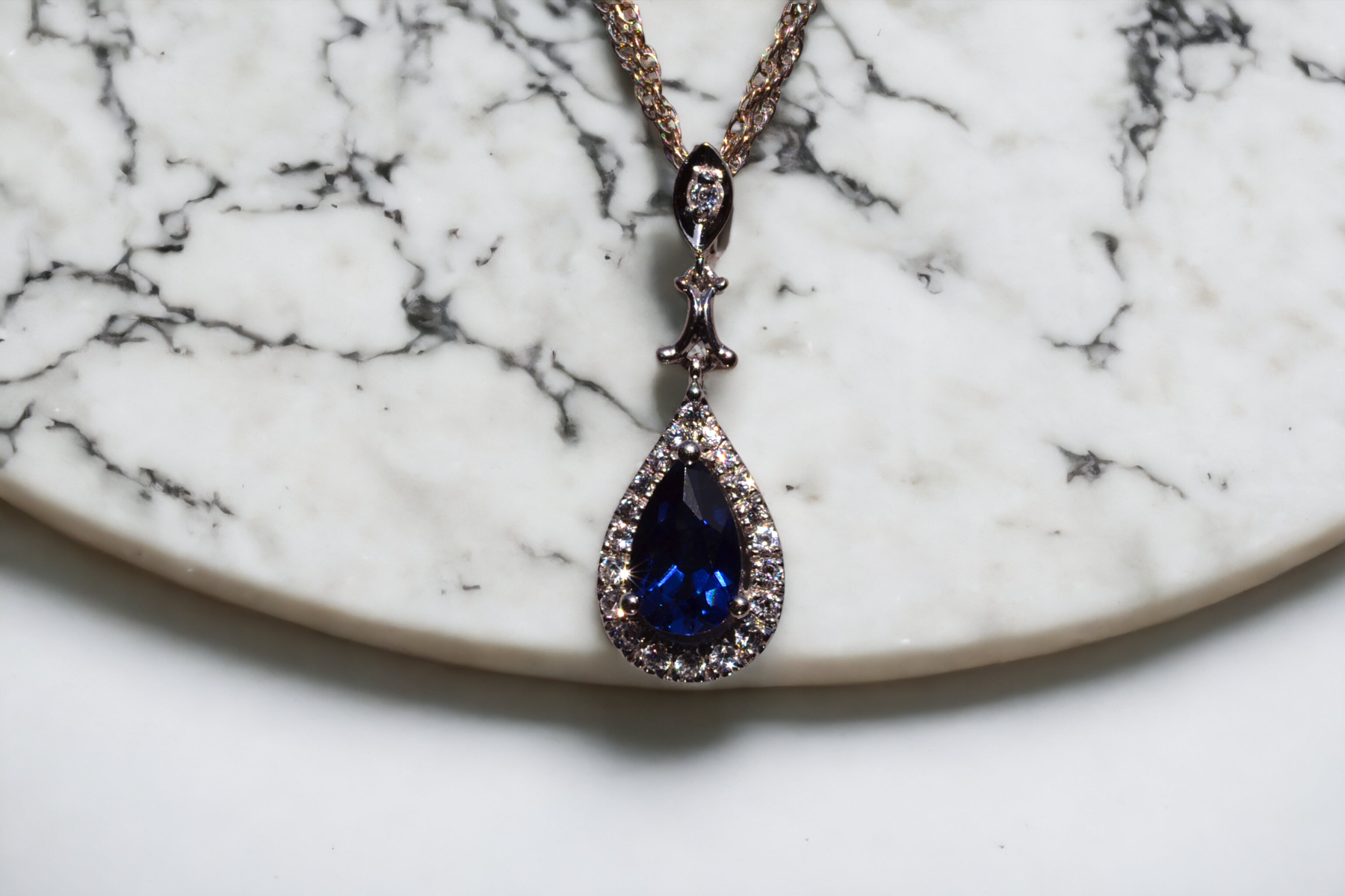 SOLD - The 143rd Street: White and Lab Blue Sapphire Dangler Pendant in White Gold - Image 5