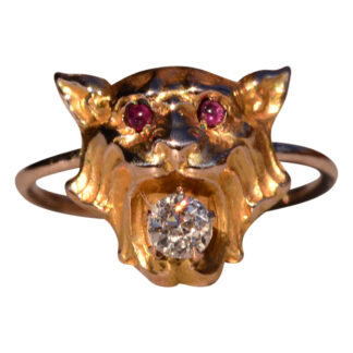 SOLD - The 132nd Street: Antique Gargoyle Ring with Garnets and Old Mine Cut Diamond