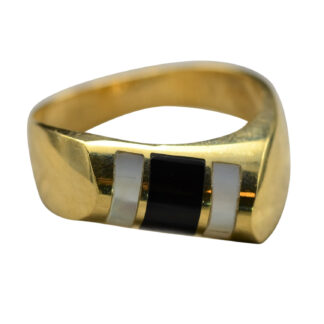 The Sarga:  Contemporary Mother of Pearl Ring and Onyx Inlay Ring in 14K Gold