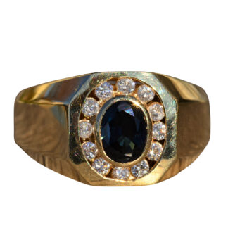SOLD - The Kynan:  Men's 14K Sapphire and Diamond Halo Ring
