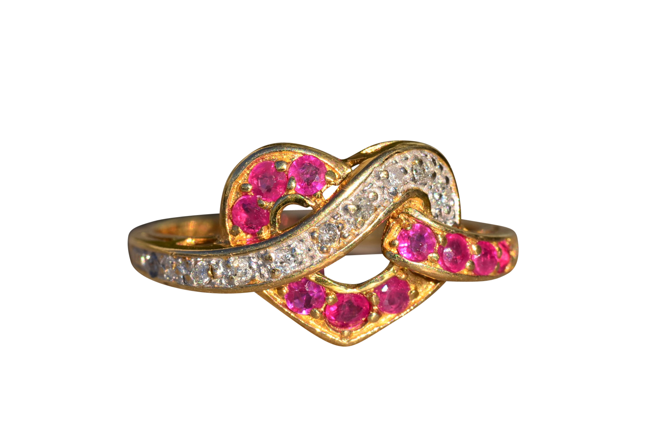 SOLD - The Rhodri: Ladies 14K Gold Bypass Heart Ring set with Rubies and Diamonds