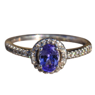 The Rhydian:  Ladies 14K Tanzanite and Diamond Halo Engagement Ring