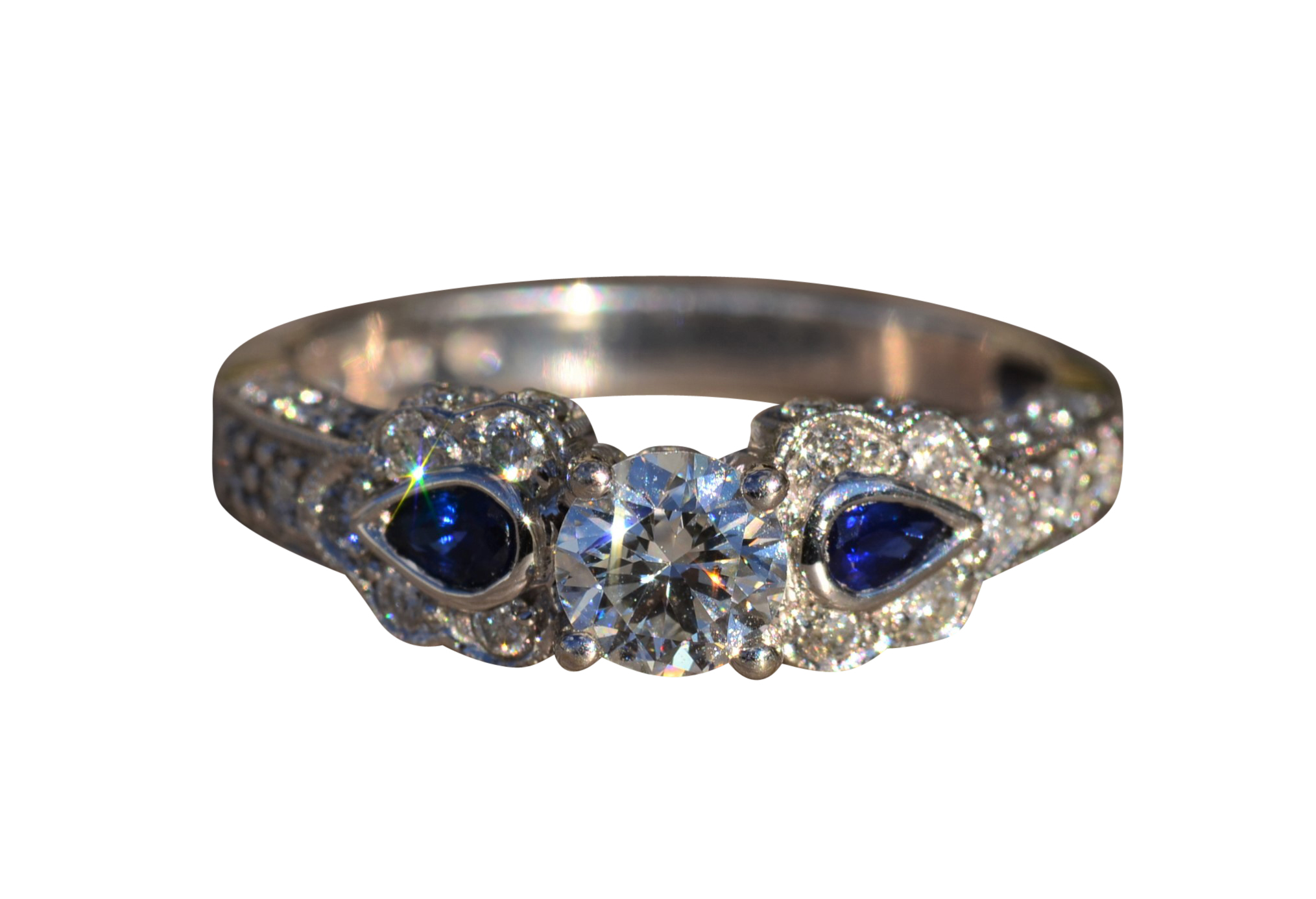 The Orana: Ladies Ornate Diamond and Sapphire Engagement Ring in 14K