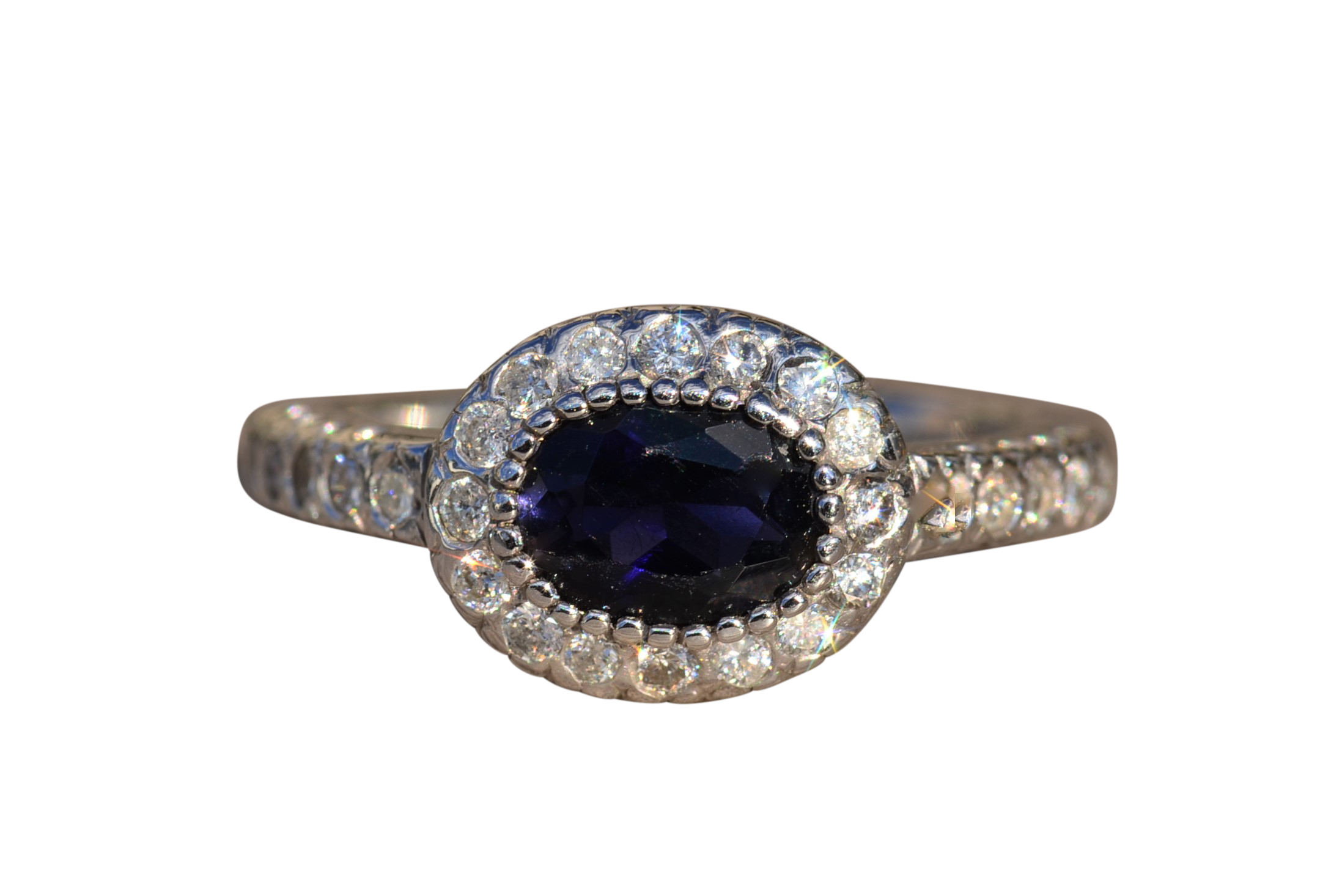 The Circe: Ladies Iolite and Diamond Halo Ring in 14K