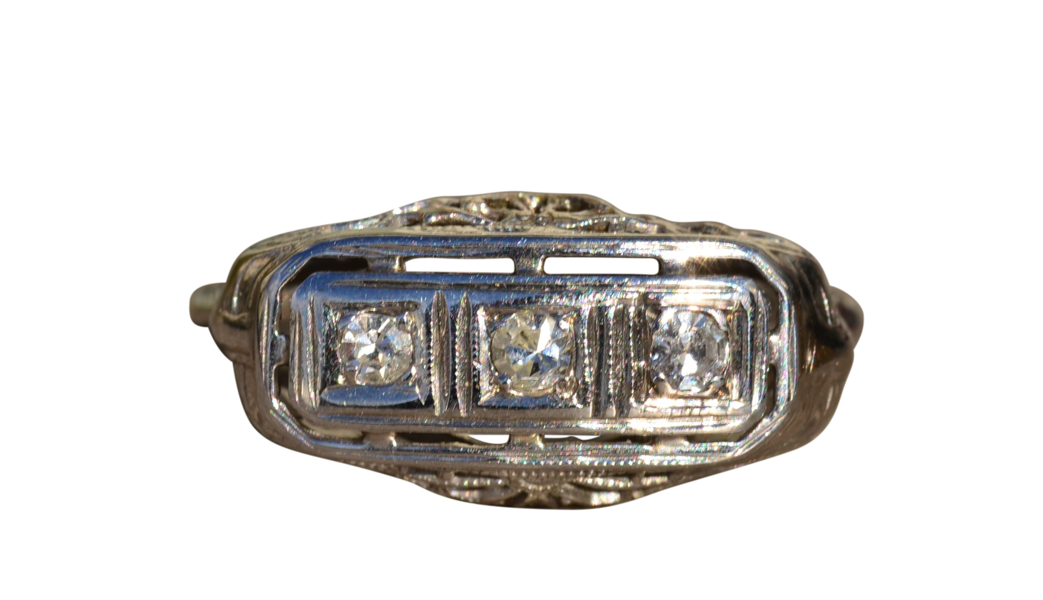 The Kalare: Antique Ladies Three Diamond Ring in 14K White Gold