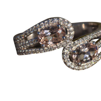 The Fenella:  Ladies Morganite and Diamond Crossover Ring in 14K