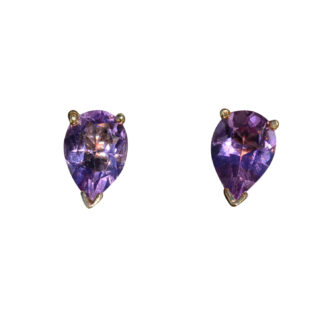 The Jenaras:  Ladies Contemporary Pear Shaped Amethyst Studs in Yellow Gold