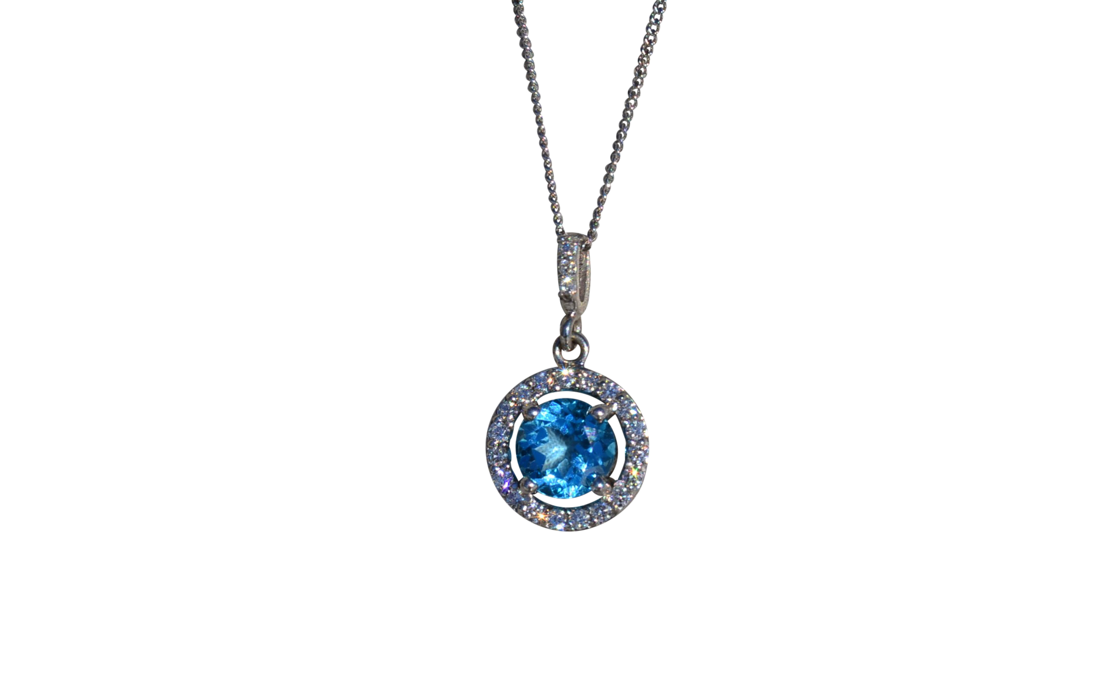 The Elliana: Ladies Topaz and Diamond Halo Necklace in 14K