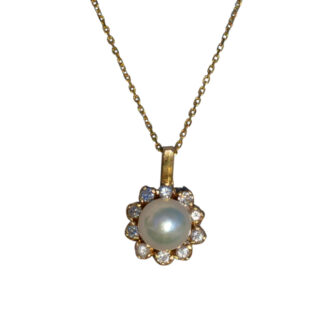 The Alexia:  Ladies Simple Pearl and Diamond Necklace in 14K