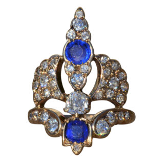 The Maleah:  Ladies Antique 14K Diamond and Sapphire Doublet Cocktail Ring