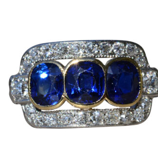The Blue Horizon:  Ladies Antique Sapphire and Diamond Three Stone Ring in Platinum and Yellow Gold