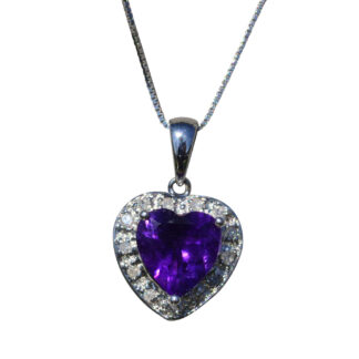 Ladies Amethyst and Diamond Heart Necklace in 14K White Gold
