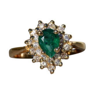 The Sharswood:  Ladies 14K Gold Cocktail Ring set with Pear Shaped Zambian Emerald and Diamond Halo