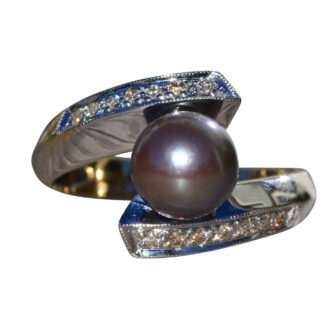 SOLD - The Kimpton:  Ladies 14K Gold Bypass Style Ring set with Black Pearl and Diamonds