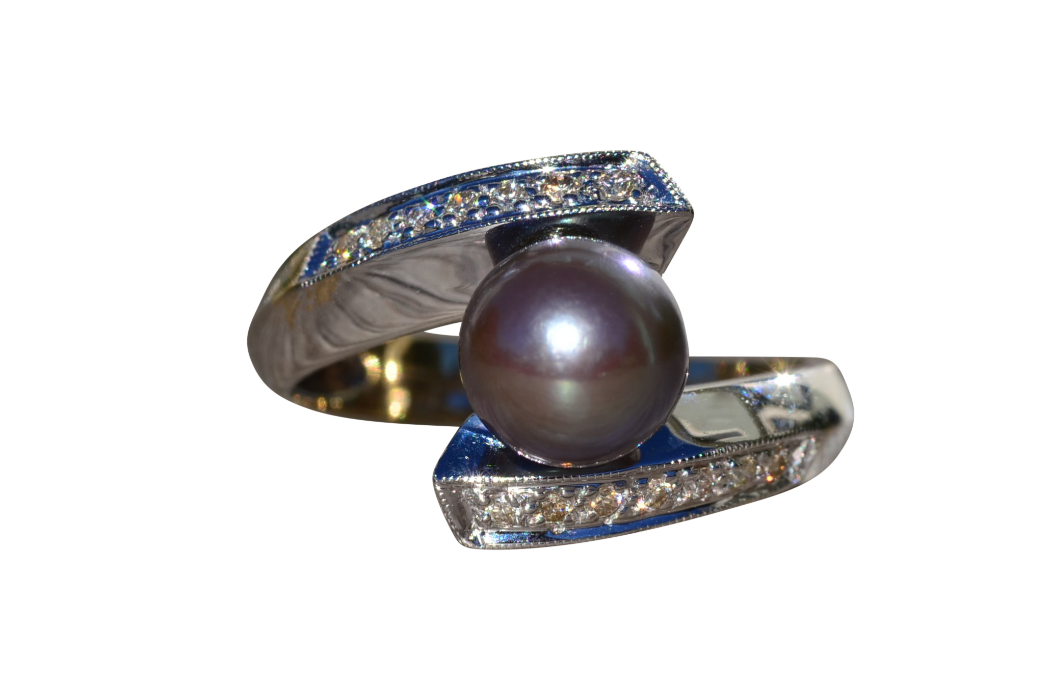 SOLD - The Kimpton: Ladies 14K Gold Bypass Style Ring set with Black Pearl and Diamonds