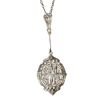 SOLD - The Hackney:  Ladies Antique Filigree 14K White Gold Necklace set with Diamond