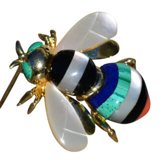 Asch Grossbardt Signed 14K Yellow Gold Bee Brooch set with Mother of Pearl, Onyx, Coral, Malachite