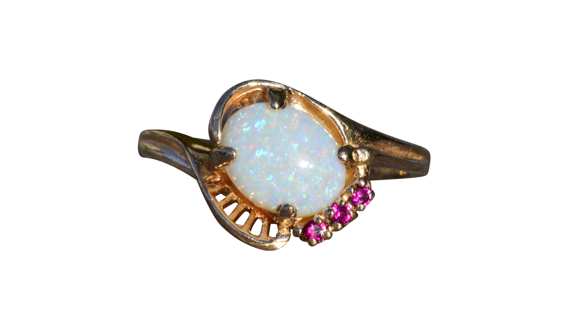 SOLD - The Collierville: Ladies Yellow Gold Australian Opal and Ruby Cocktail Ring