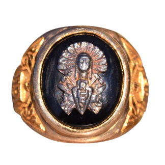The El Cajon:  Circa 1946 Onyx Ring in Yellow Gold with Native American Center Piece