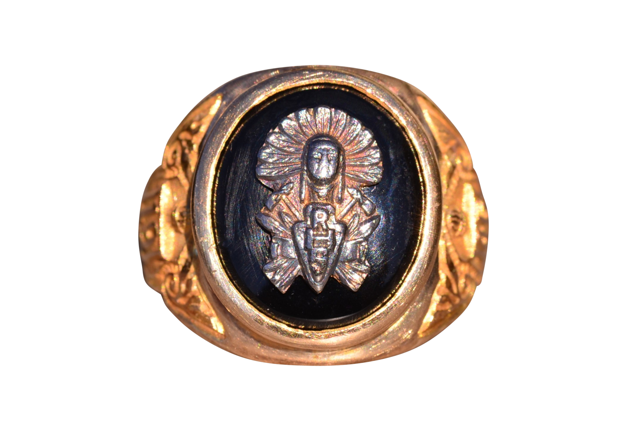 The El Cajon: Circa 1946 Onyx Ring in Yellow Gold with Native American Center Piece