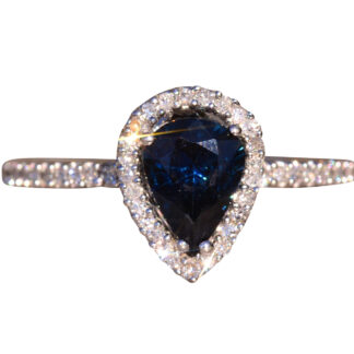The Mission Valley:  Pear Shaped Sapphire Halo Engagement Ring in White Gold
