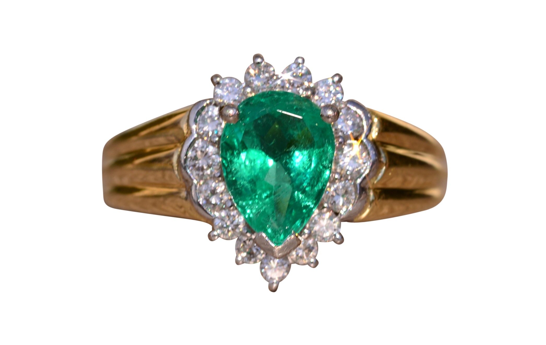 SOLD - The Muso: Vintage Ring set with 1.25 Carat Vivid Green Natural Emerald with Diamond Halo