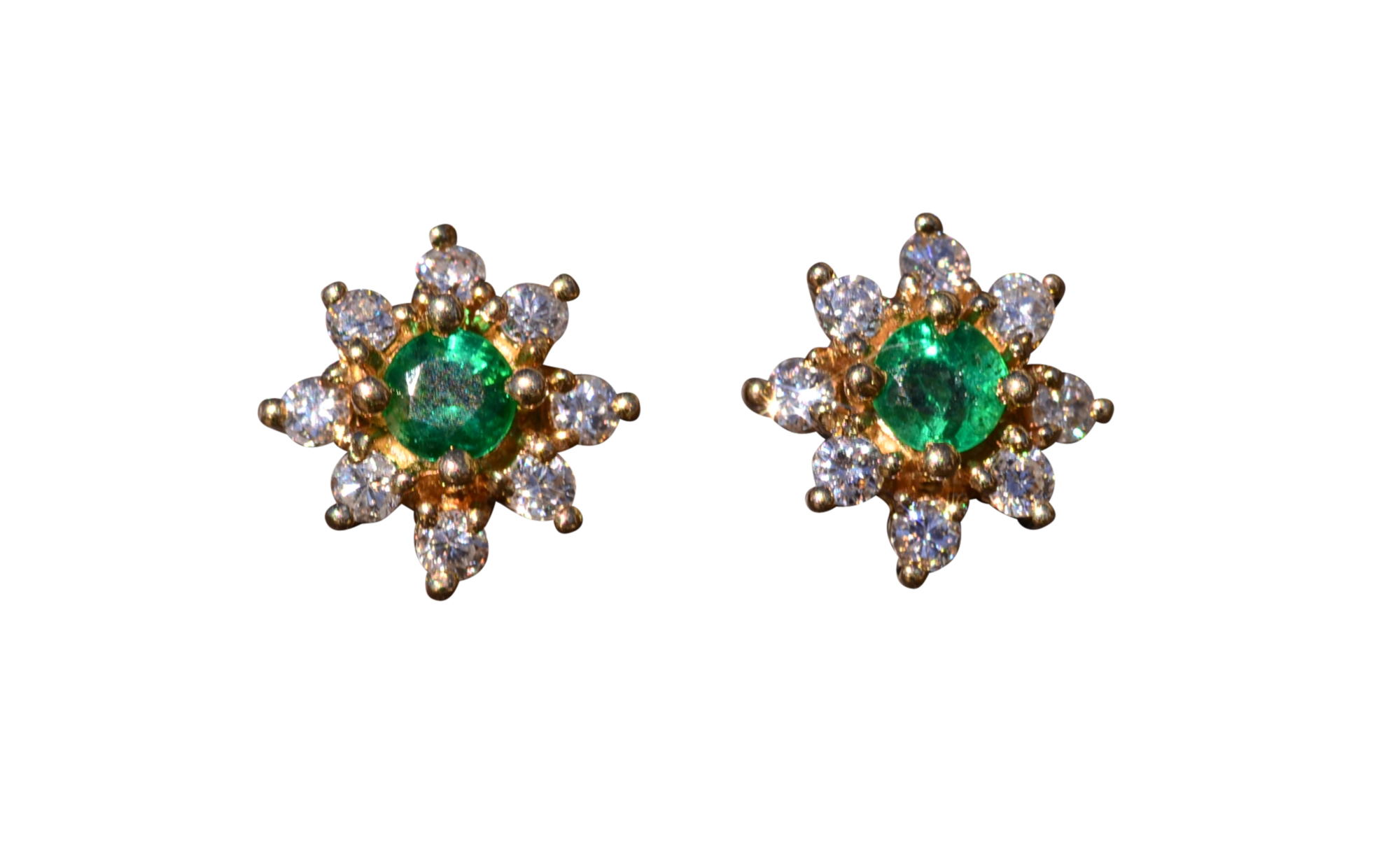 SOLD - The Sylvania: Yellow Gold Stud Earrings with Emeralds and Diamonds