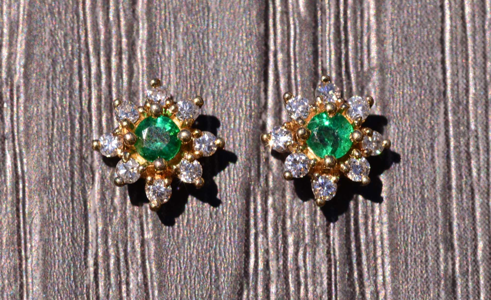SOLD - The Sylvania: Yellow Gold Stud Earrings with Emeralds and Diamonds - Image 2
