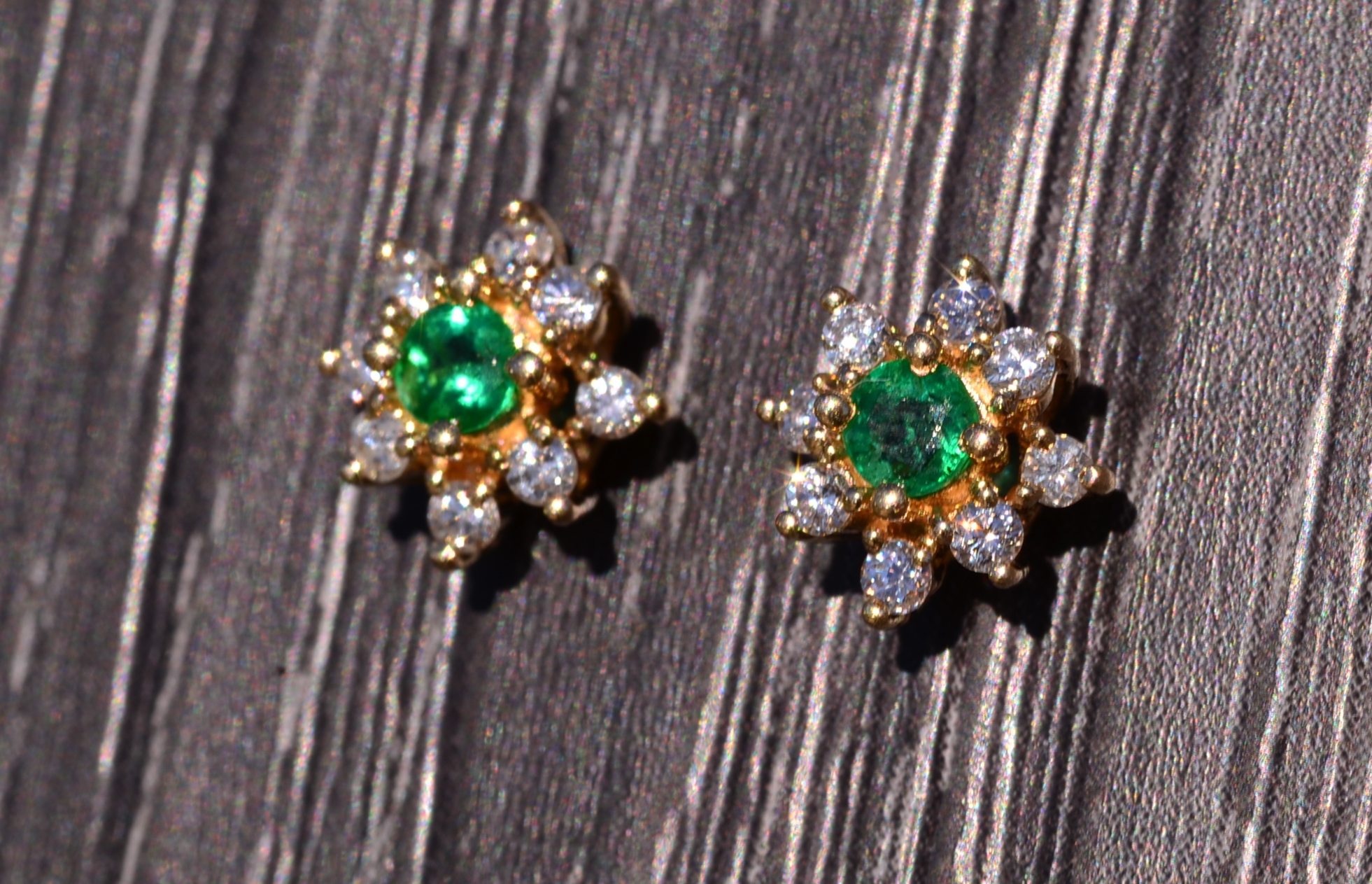 SOLD - The Sylvania: Yellow Gold Stud Earrings with Emeralds and Diamonds - Image 3