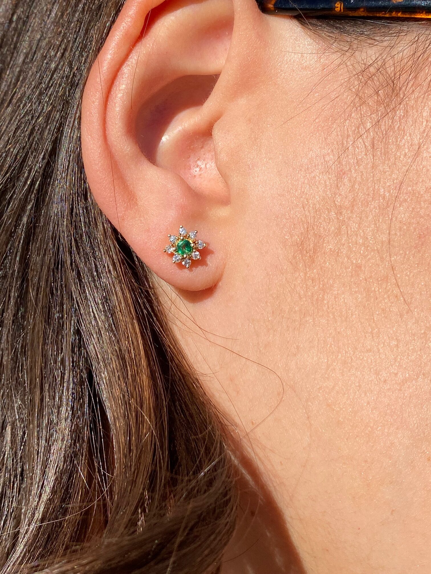 SOLD - The Sylvania: Yellow Gold Stud Earrings with Emeralds and Diamonds - Image 4
