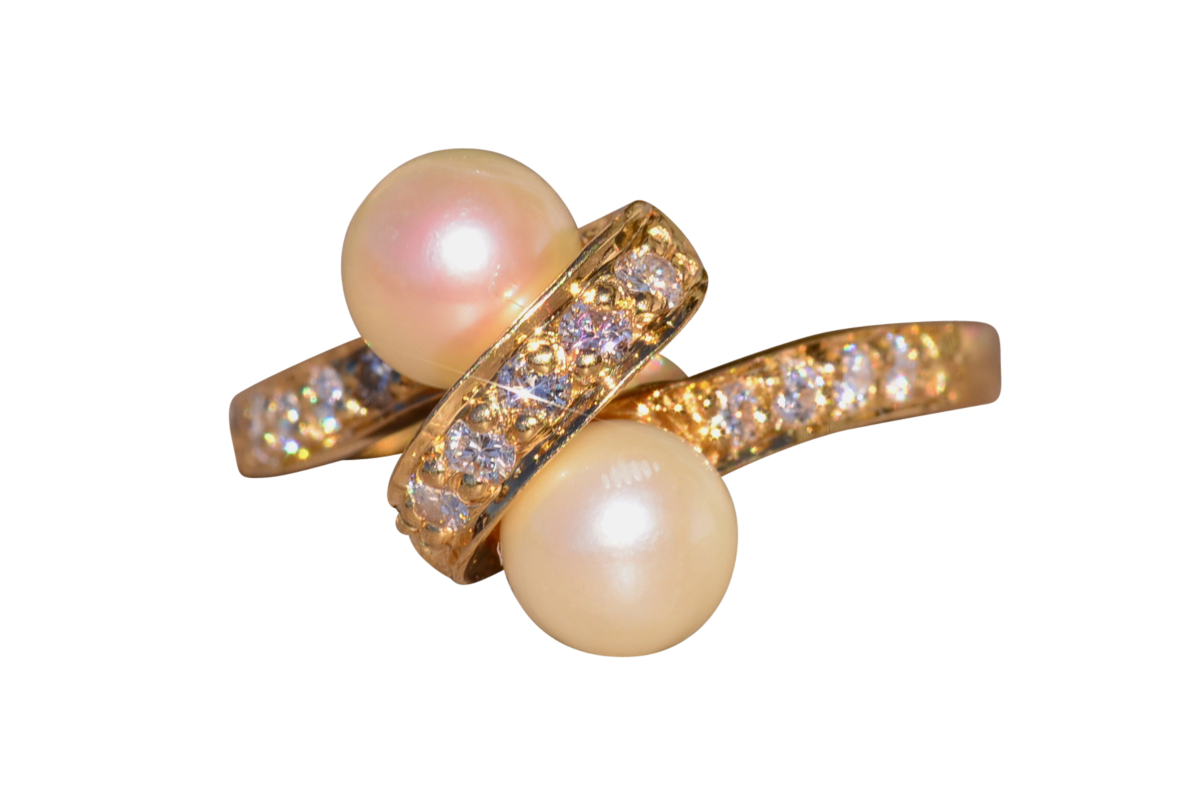SOLD - The Garfield: Vintage Two Stone Toi et Moi Pearl Ring with Diamonds