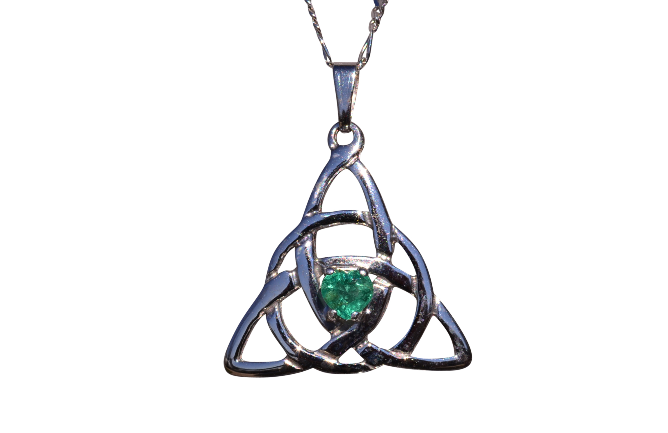 SOLD - The Galway: Irish Made White Gold Celtic Necklace with Heart Shaped Emerald