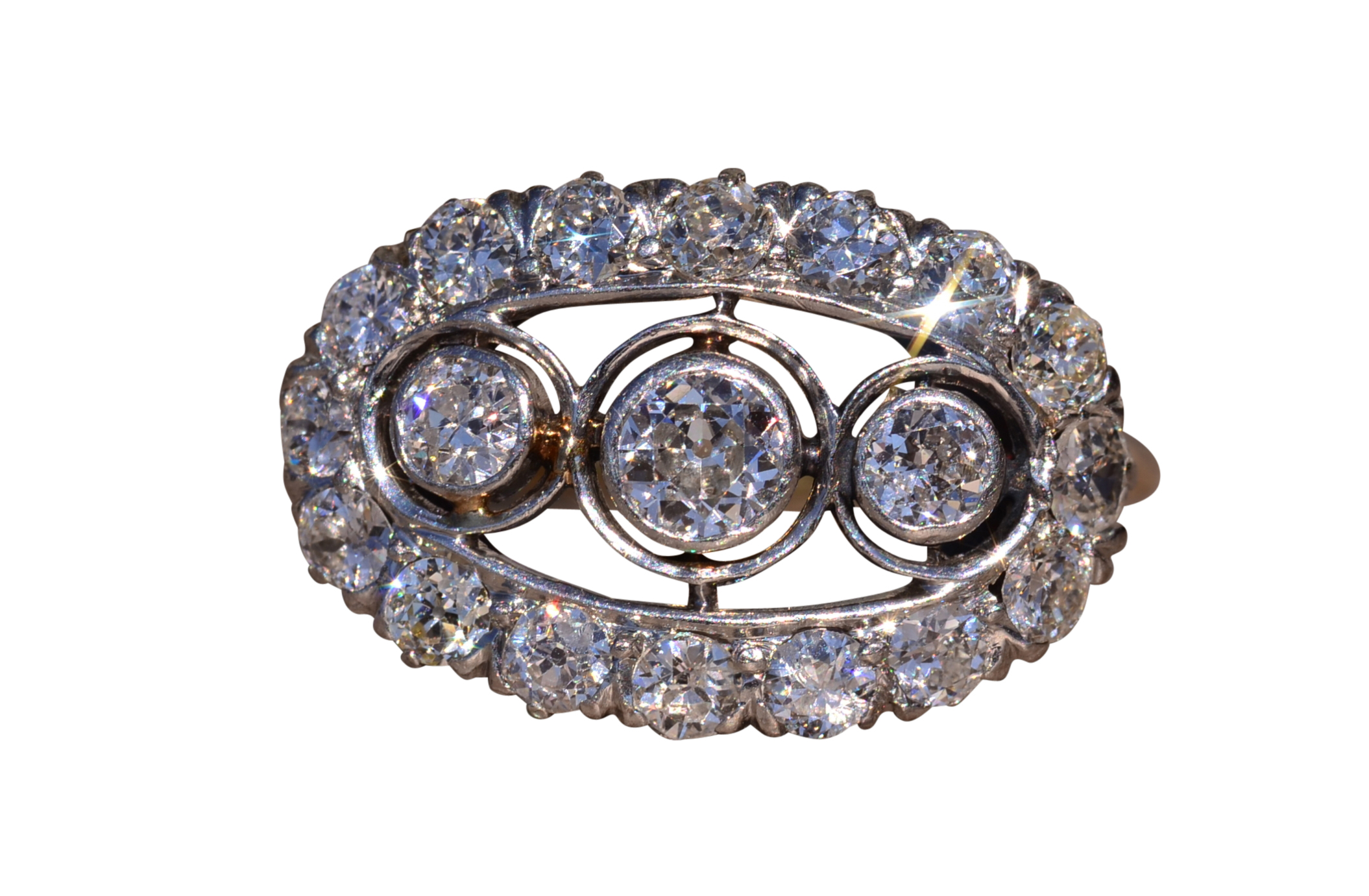 SOLD - The Dripping Springs: Antique Edwardian Three Stone Ring with Old Mine Cut Diamonds