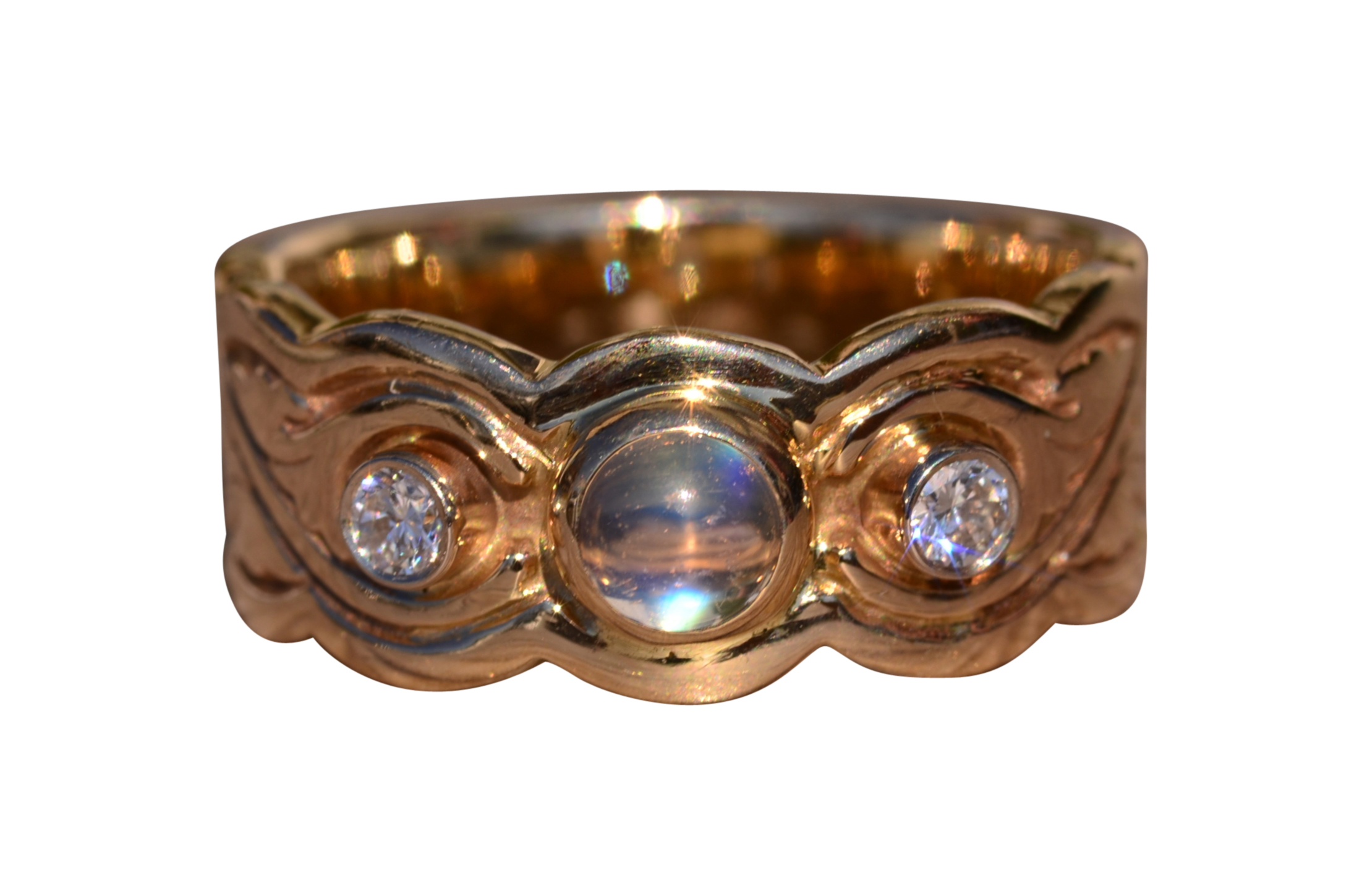 SOLD - The Round Mountain: Moonstone Ring in Yellow Gold with Diamonds