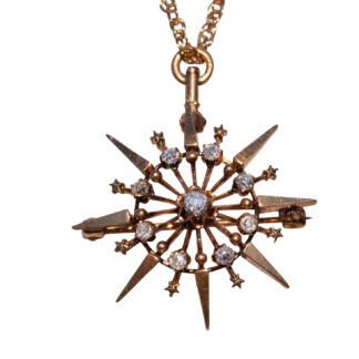 SOLD - The Muldoon:  Antique Victorian Yellow Gold Diamond Star or Snowflake Pin with Old Mine Cut Diamonds