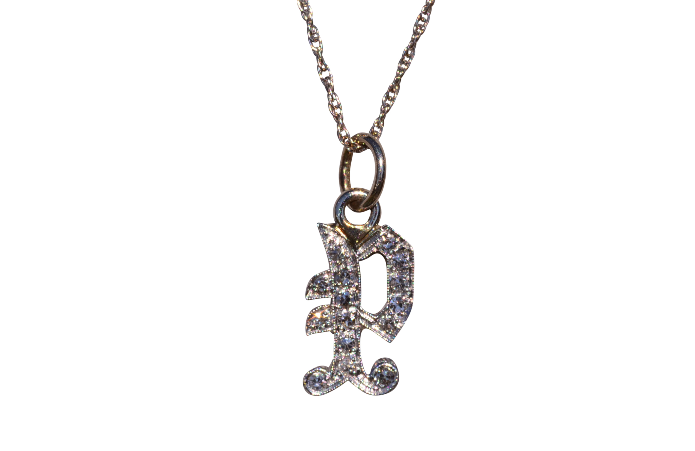 SOLD - The Pirate: Antique Art Deco White Gold Hand Carved Diamond P Initial Pendant