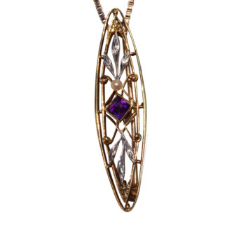 The Rosanky:  Antique Art Nouveau Brooch Pendant set with Amethyst and Seed Pearl