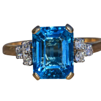 SOLD - The Alright: Emerald Cut Vivid Swiss Blue Topaz with Diamond Side Stones