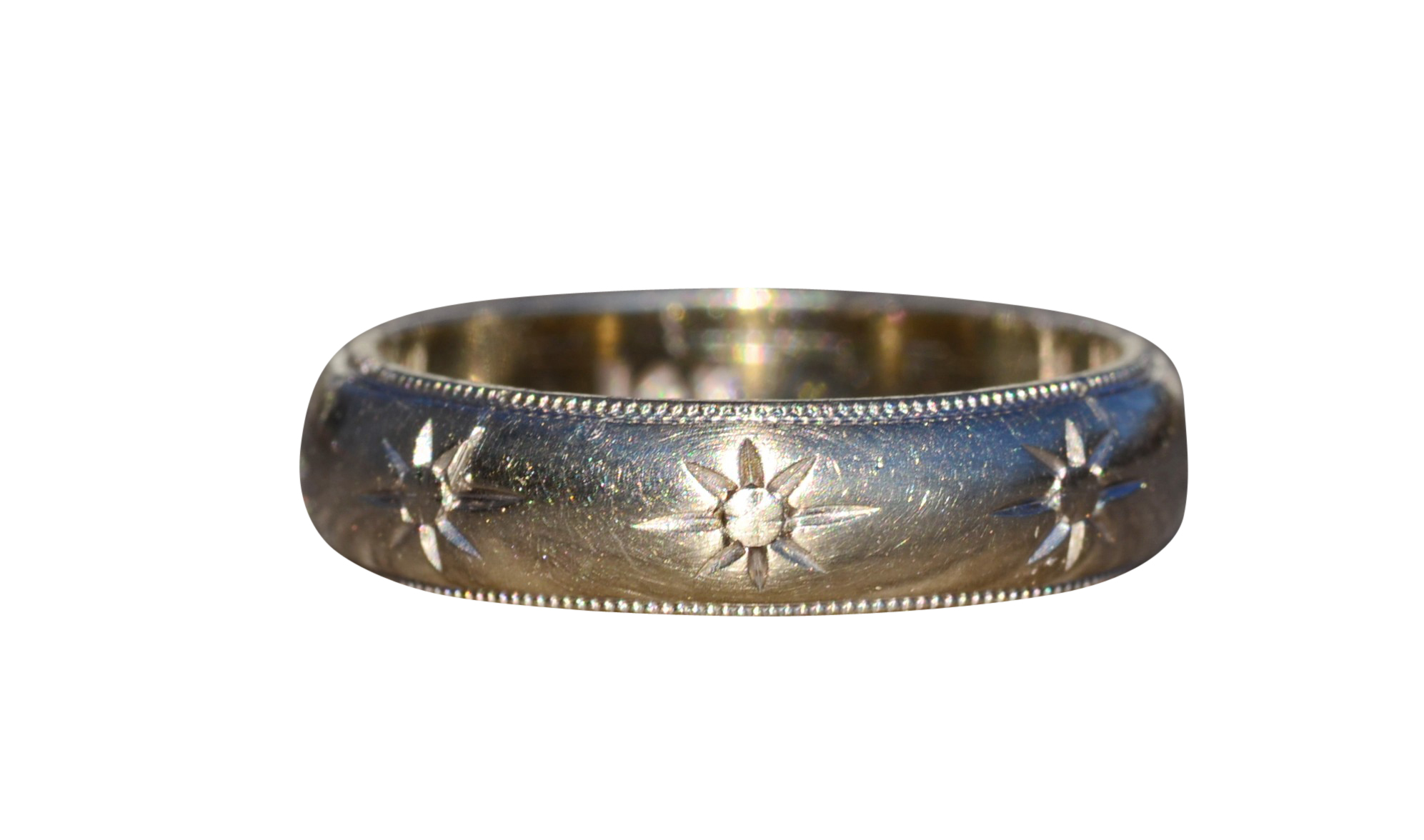 SOLD - The Los Osos: Antique White Gold Hand Engraved Band with Milgrain