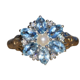 SOLD: The Vandenburg: Aquamarine Flower Ring with Pearl and Diamonds