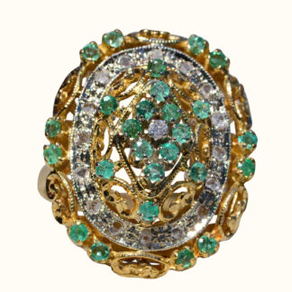 SOLD - The Veradero:  Ladies Signed Toliro 18K Gold Cocktail Ring set with Emeralds and Diamonds