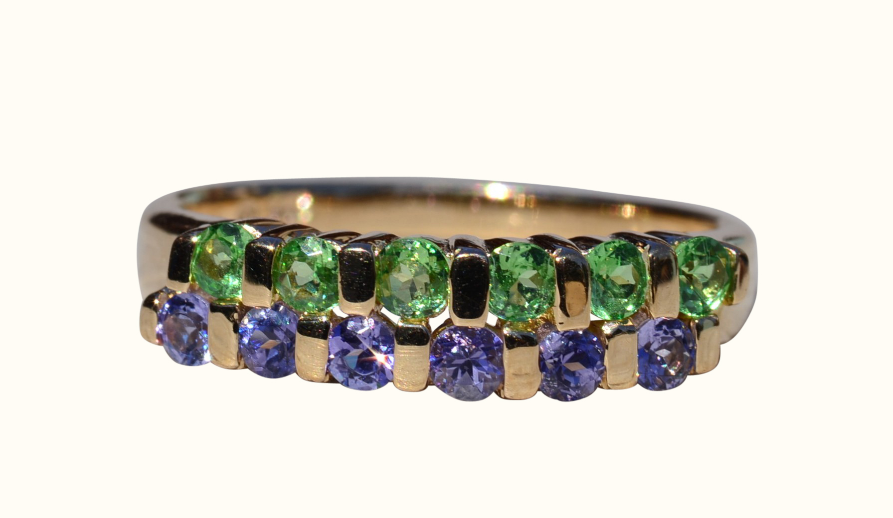 SOLD - The Remedios: Ladies 14K Gold Tsavorite and Tanzanite Band