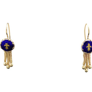 SOLD - The Rocheports:  Ladies 14K Gold Enameled Fleur de Lis Tassel Earrings