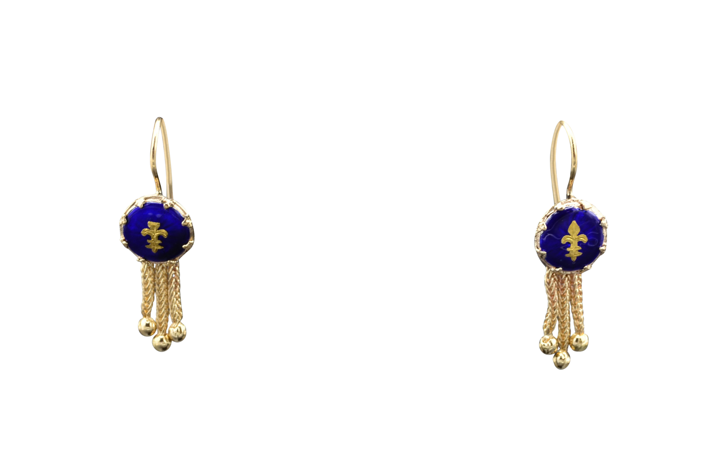 SOLD - The Rocheports: Ladies 14K Gold Enameled Fleur de Lis Tassel Earrings