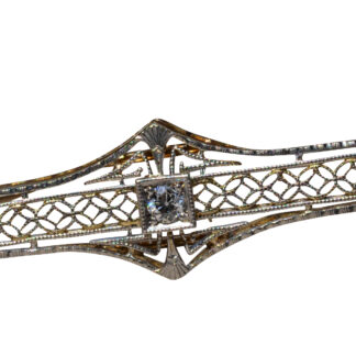 The La Honda: Antique Platinum Topped Filigree Brooch in Yellow Gold With Diamond