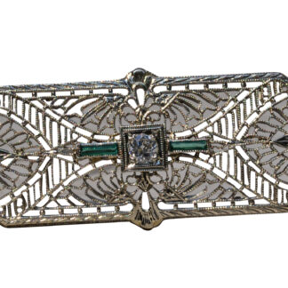 The El Granada:  Antique Filigree Brooch with Old Cut Diamond and Emeralds