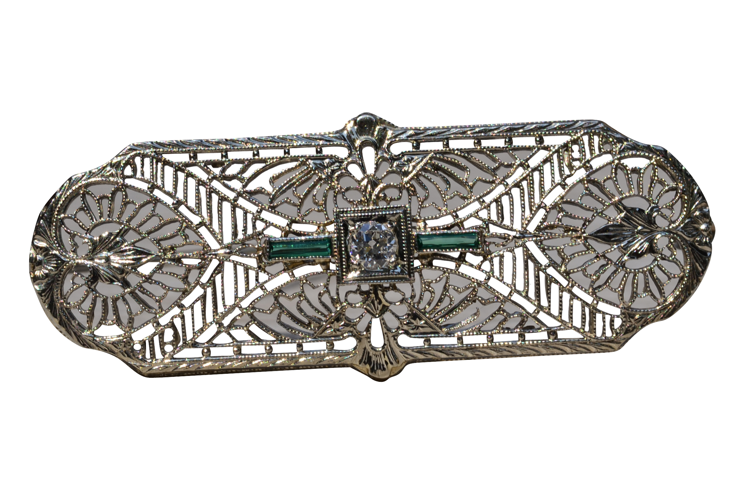 The El Granada: Antique Filigree Brooch with Old Cut Diamond and Emeralds