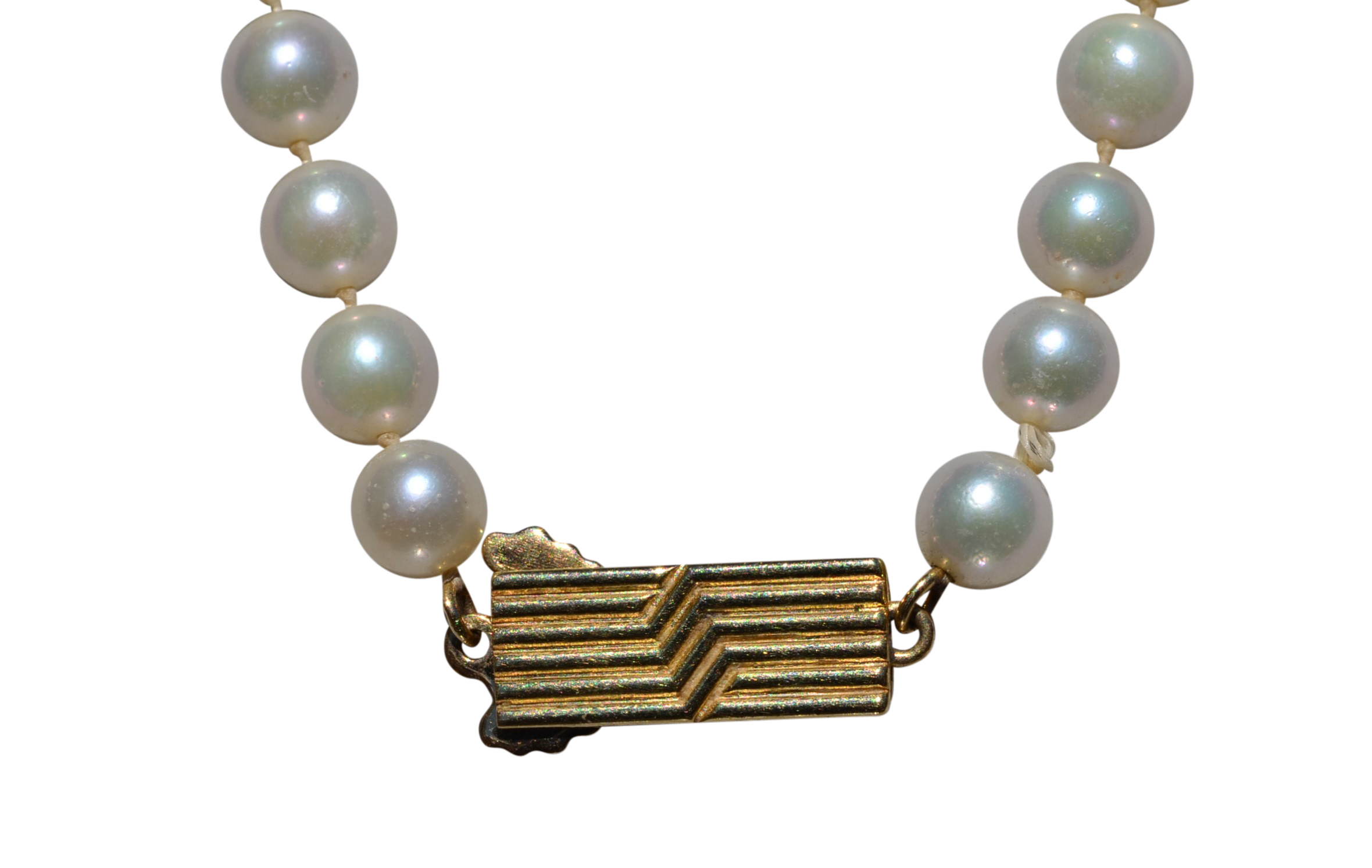 The Miki:  Mikimoto Pearl Strand with Yellow Gold Mid Century Clasp