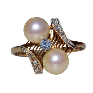 SOLD - The Weatherton:  Ladies Vintage Yellow Gold Pearl and Diamond Cocktail Ring