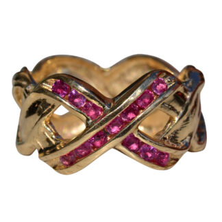 The Arborcrest:  Ladies 14K Gold Crossover Wide Band set with Rubies